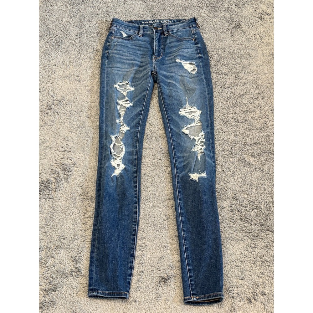 American Eagle Womens 0R Super Hi Rise Jegging Dream Jean Distressed Blue Denim